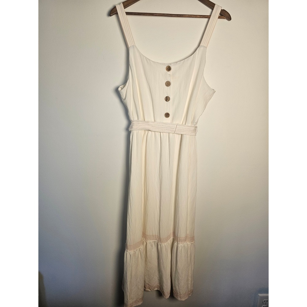 [Boho Coastal] LC Lauren Conrad Midi Dress Women‎ XXL Ivory Button Tiered Belted
